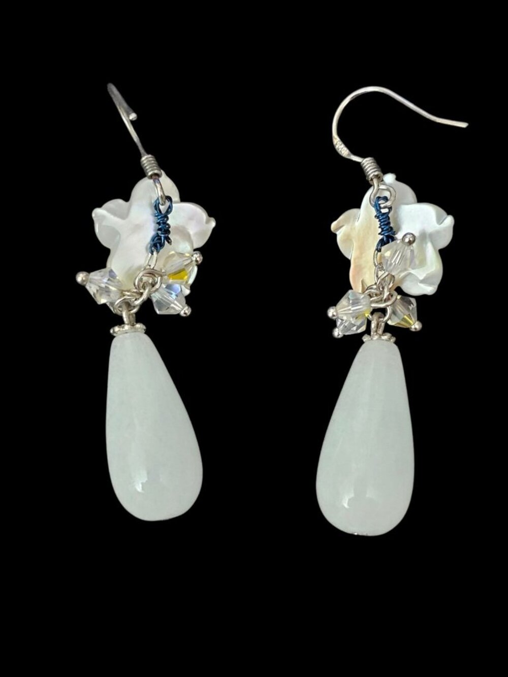 Handmade White Flower Drop Earrings Crystal Beaded Dangle Teardrop Elegant... - Picture 6 of 6
